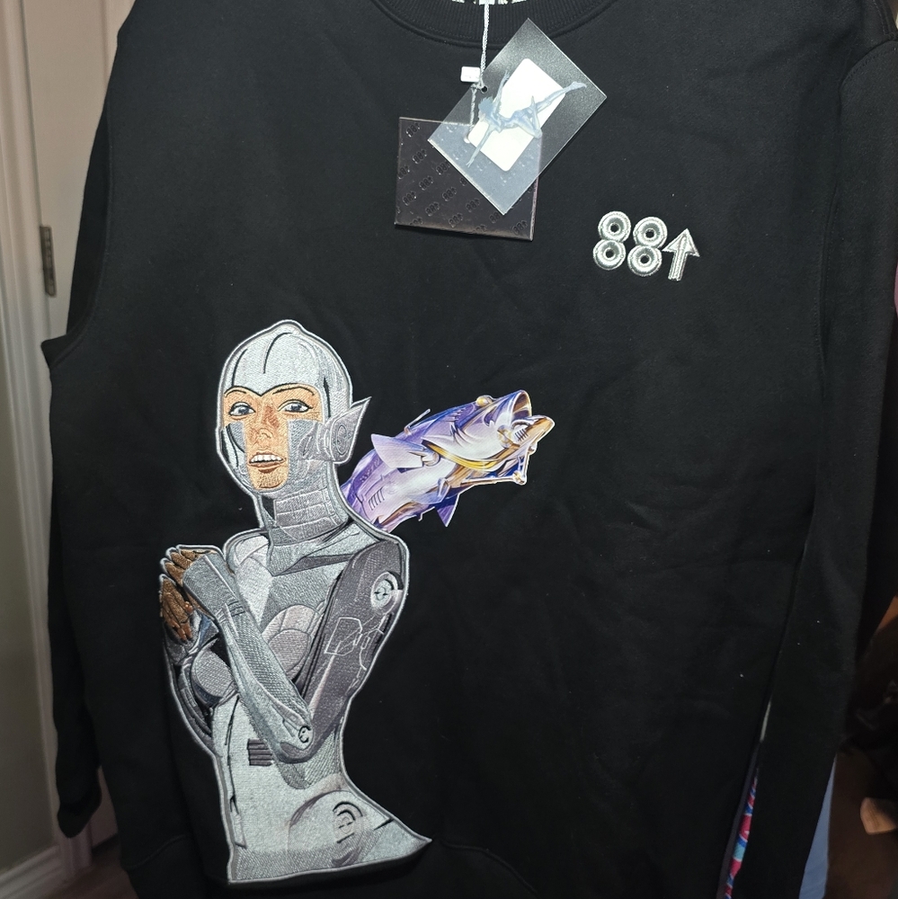 Black Crewneck Sweater with Futuristic Design